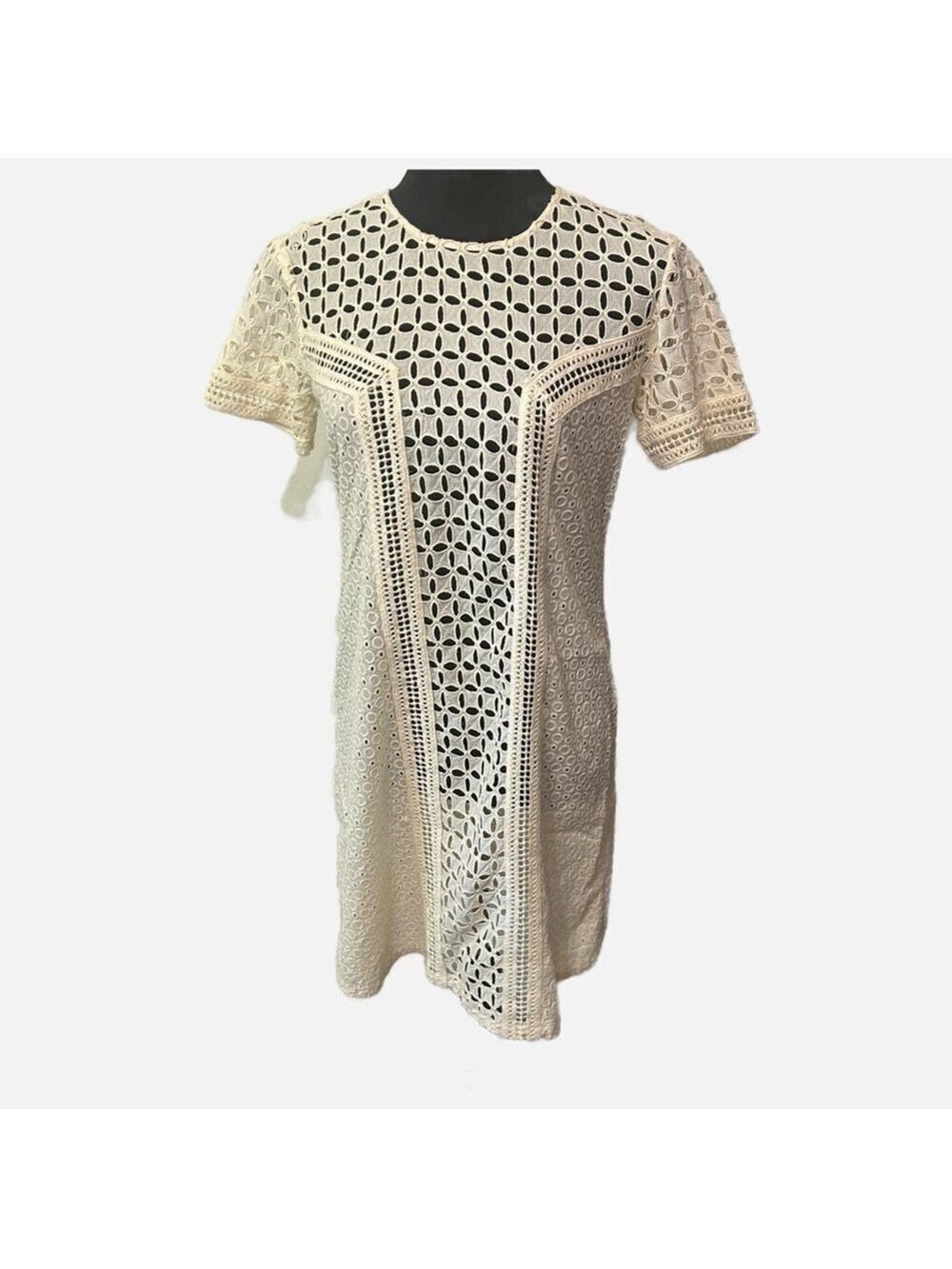 Sundance Women’s Eyelet Dress Midi Cream 2 Cotton Short Sleeves Back Key Hole